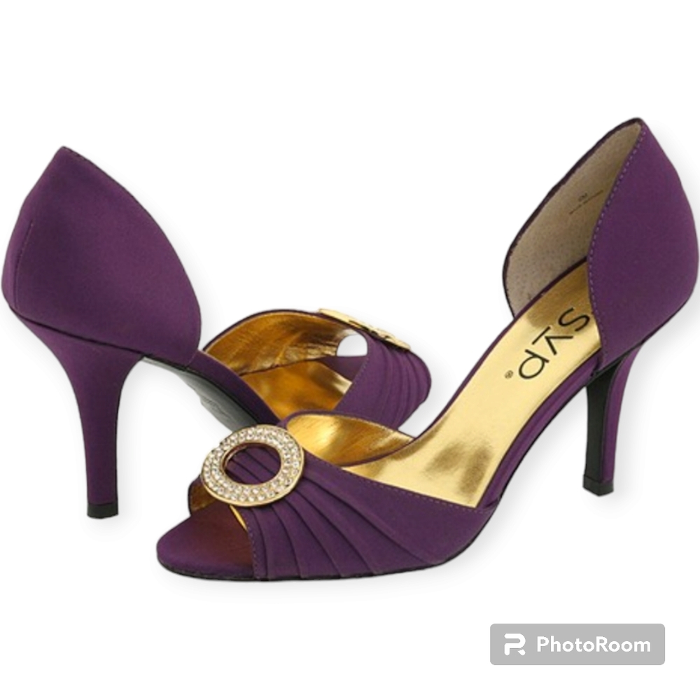 RSVP Peep Toe Purple Satin Pump with Rhinestone Embellishment size 8.5M